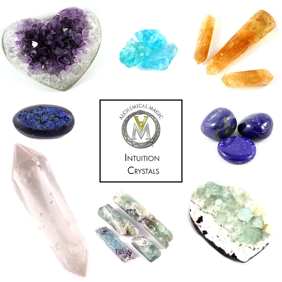 Clockwise from top left: Amethyst, Green Apatite, Citrine, Lapis Lazuli, Apophylite, Green Kyanite, Clear Quartz, Azurite