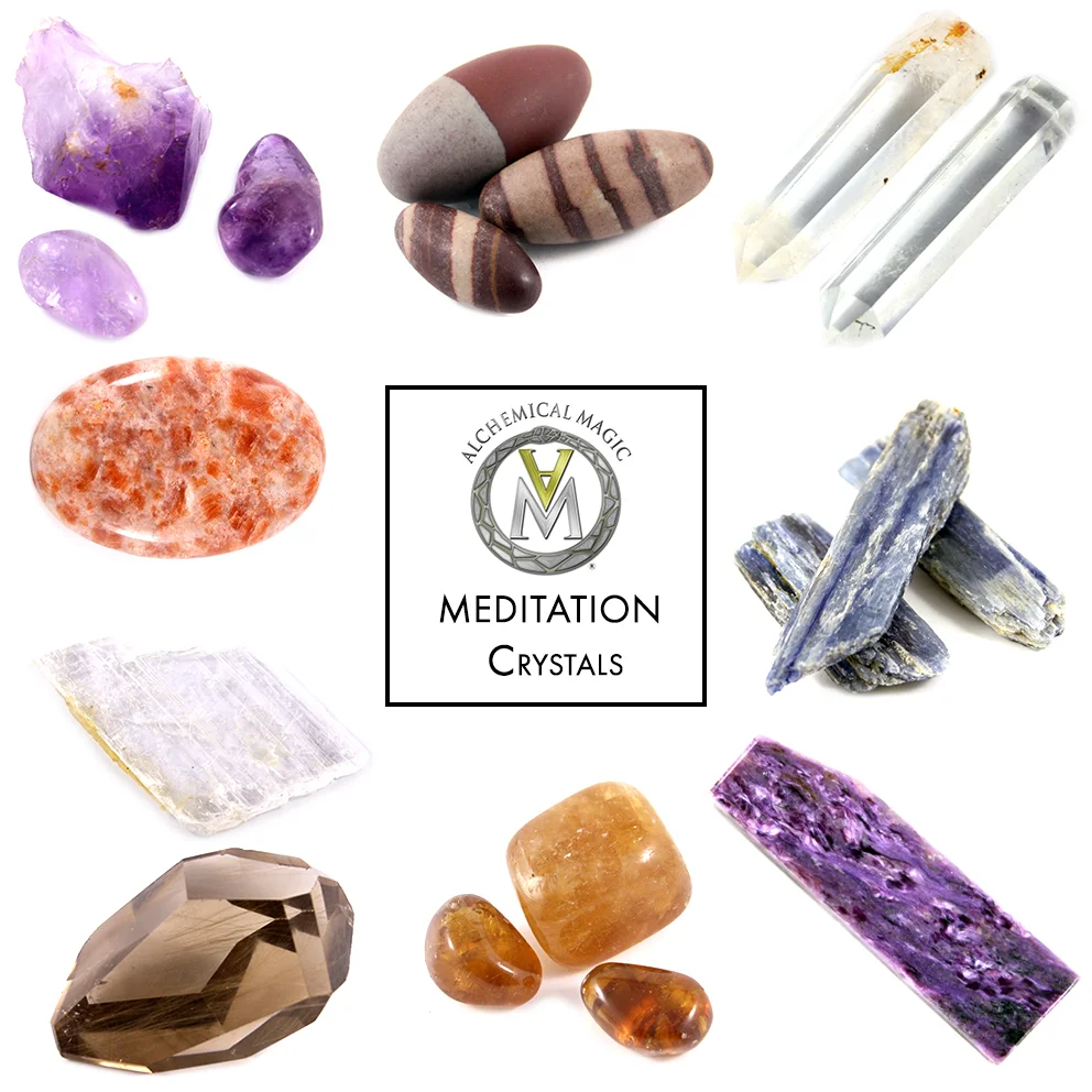 Clockwise from top left: Amethyst, Shiva Lingam, Clear Quartz Terminator, Blue Kyanite, Charoite, Golden Calcite, Smokey Rutile Quartz, Selenite, Sunstone