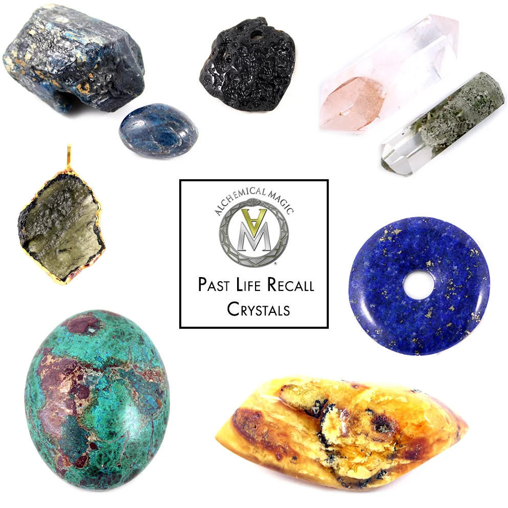 Clockwise from top left: Apatite, Tektite, Lapis Lazuli, Amber, Chrysocolla, Moldavite