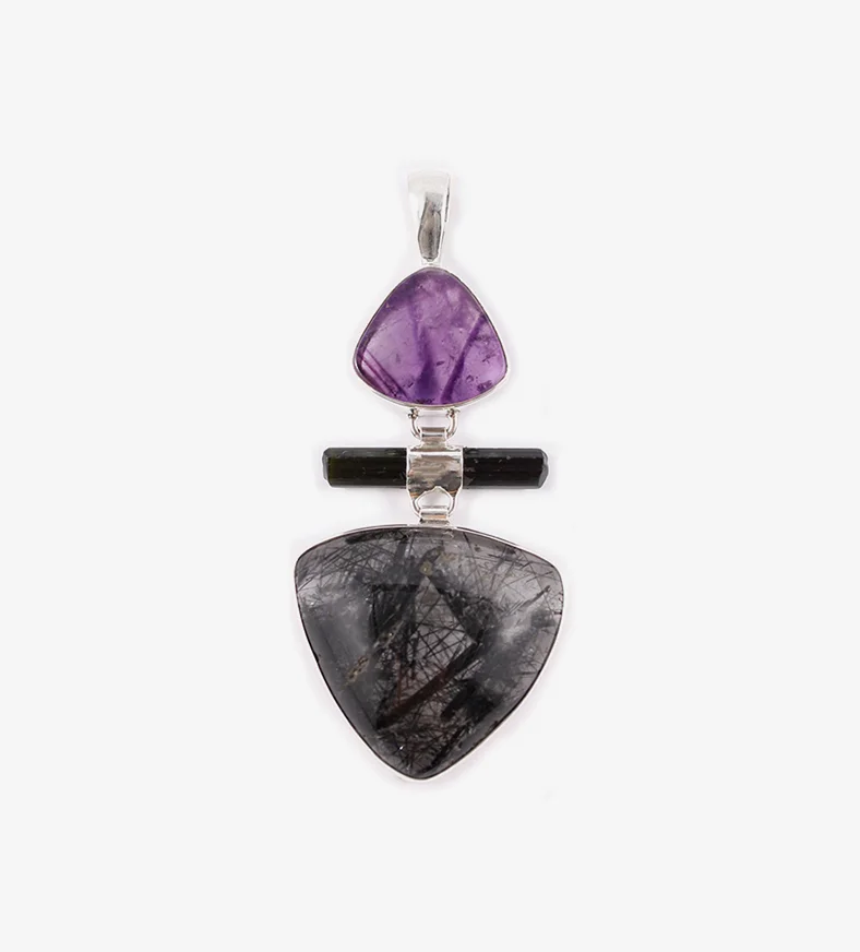 Lace Amethyst, Green Tourmaline and Black Tourmalinated Quartz Pendant