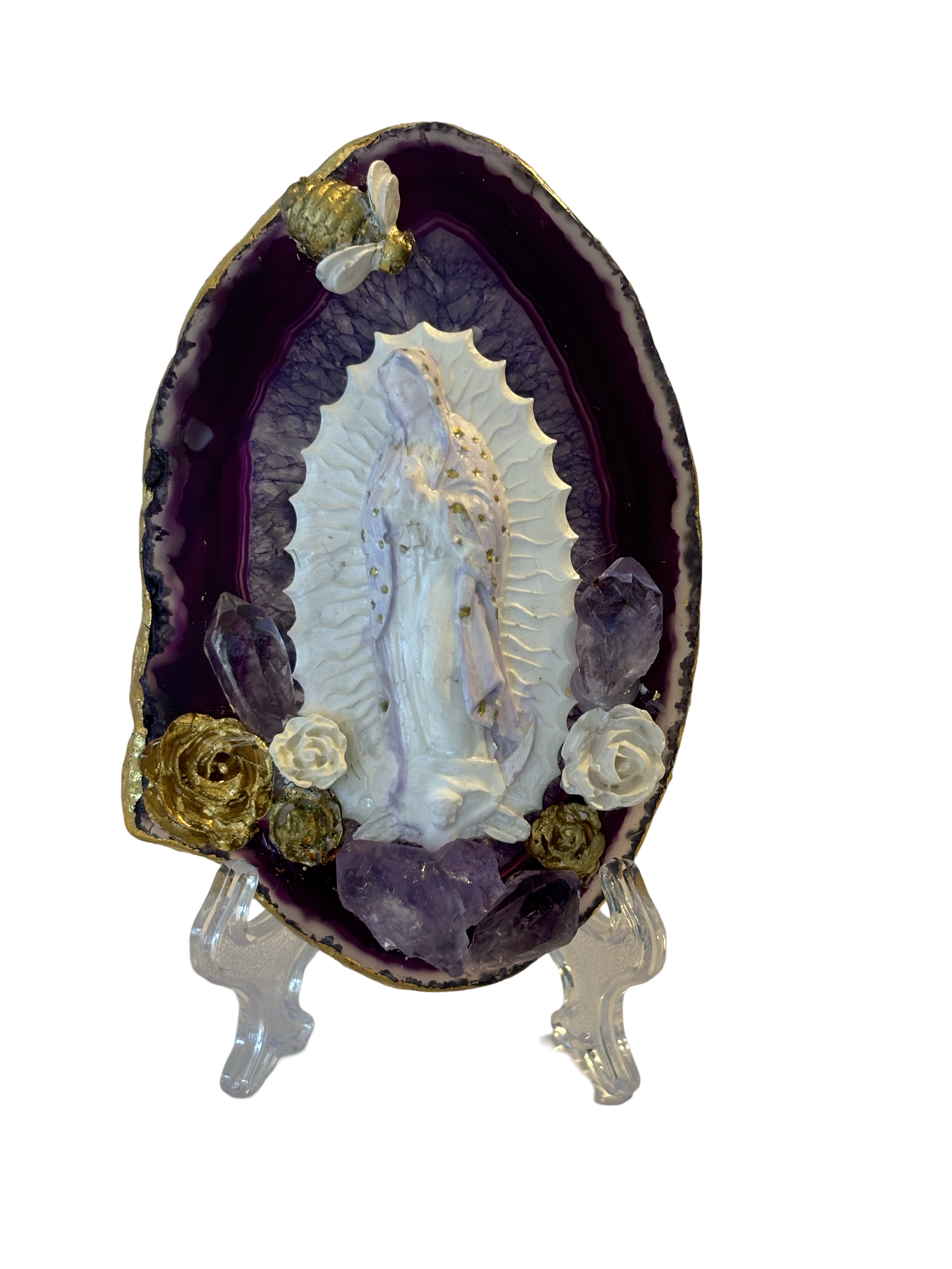 Virgin Mary on Purple Agate with Amethyst