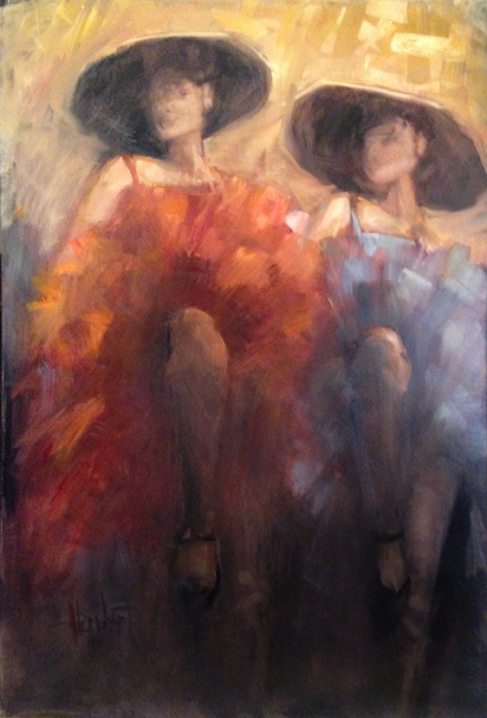 Someone asked me if I ever painted the same thing twice, and I answered yes, sometimes. I've enjoyed the process of painting the subject so much that I know I'll revisit it sometime. I painted these ladies a few years back, and a friend now has it in her home. There was a point though that I thought I should leave it, but wanted to take it further in the process to see where it could go. And I loved the way it turned out. But, it has always been in my mind to stop at that abstract point. "High Kick" is the result. I also did it on primed board, a surface that I am really liking.