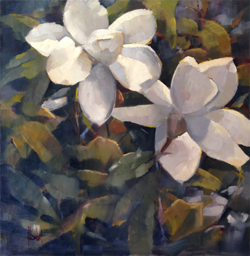 No AC yet for the studio. They say "soon". ? I paint in the morning and evening with a giant fan so not so bad. This is the first piece on the easel since Spoleto, and thought it represented the 17 days in the park under the Magnolia tree. Magnolias, 30x30 oil on board, gallery wrap $3400