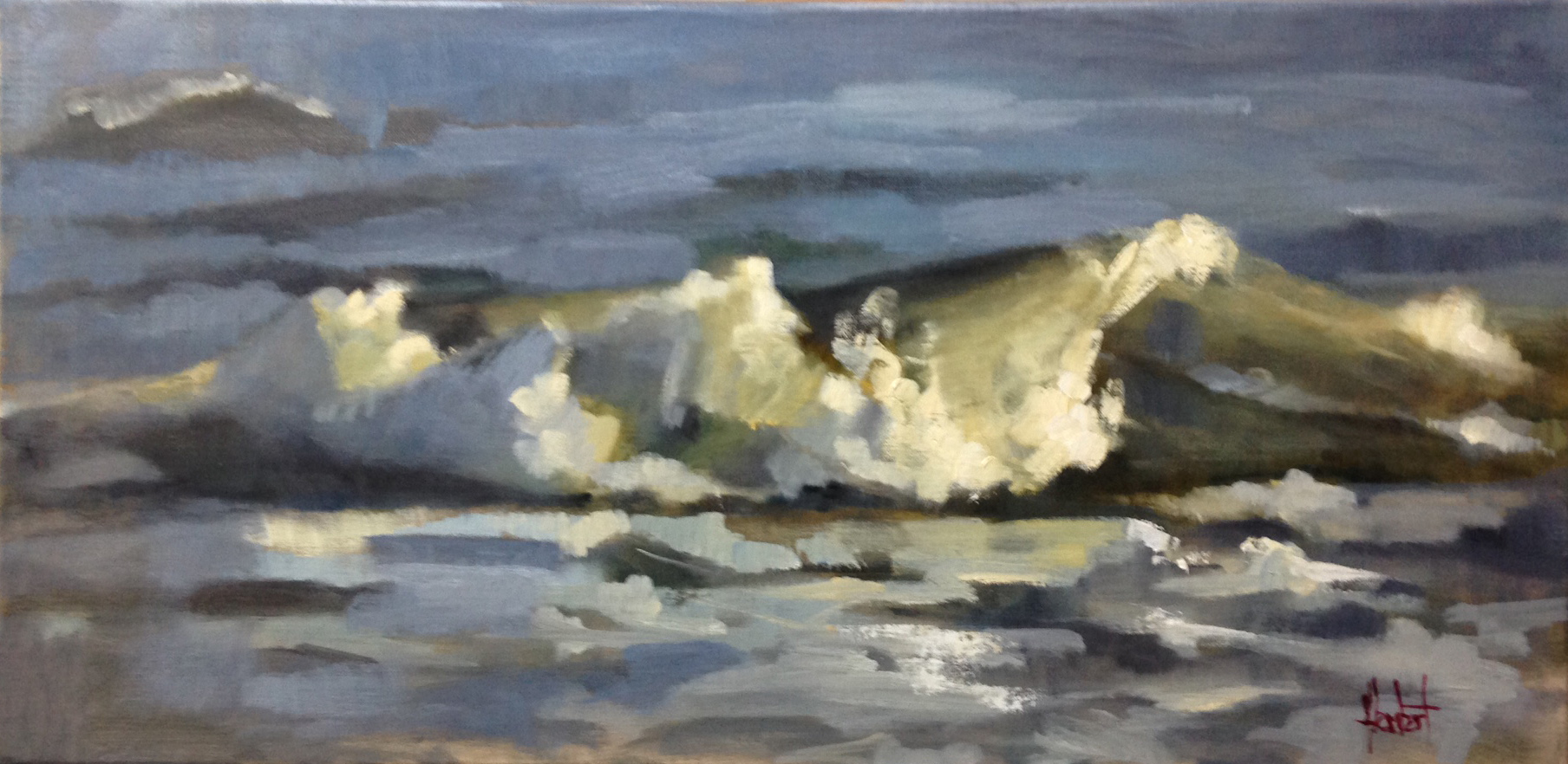 I spent three days at Folly beach last week on my mini vacation. I wanted to paint the seas, walk on the beach, and sit by the water at sunsets. This piece is one of the ones I worked on from my deck. Sometimes the roll creates these transparent greens that are just wonderful to paint! "The Curl" 12x24 oil on linen $1800 for Christmas!