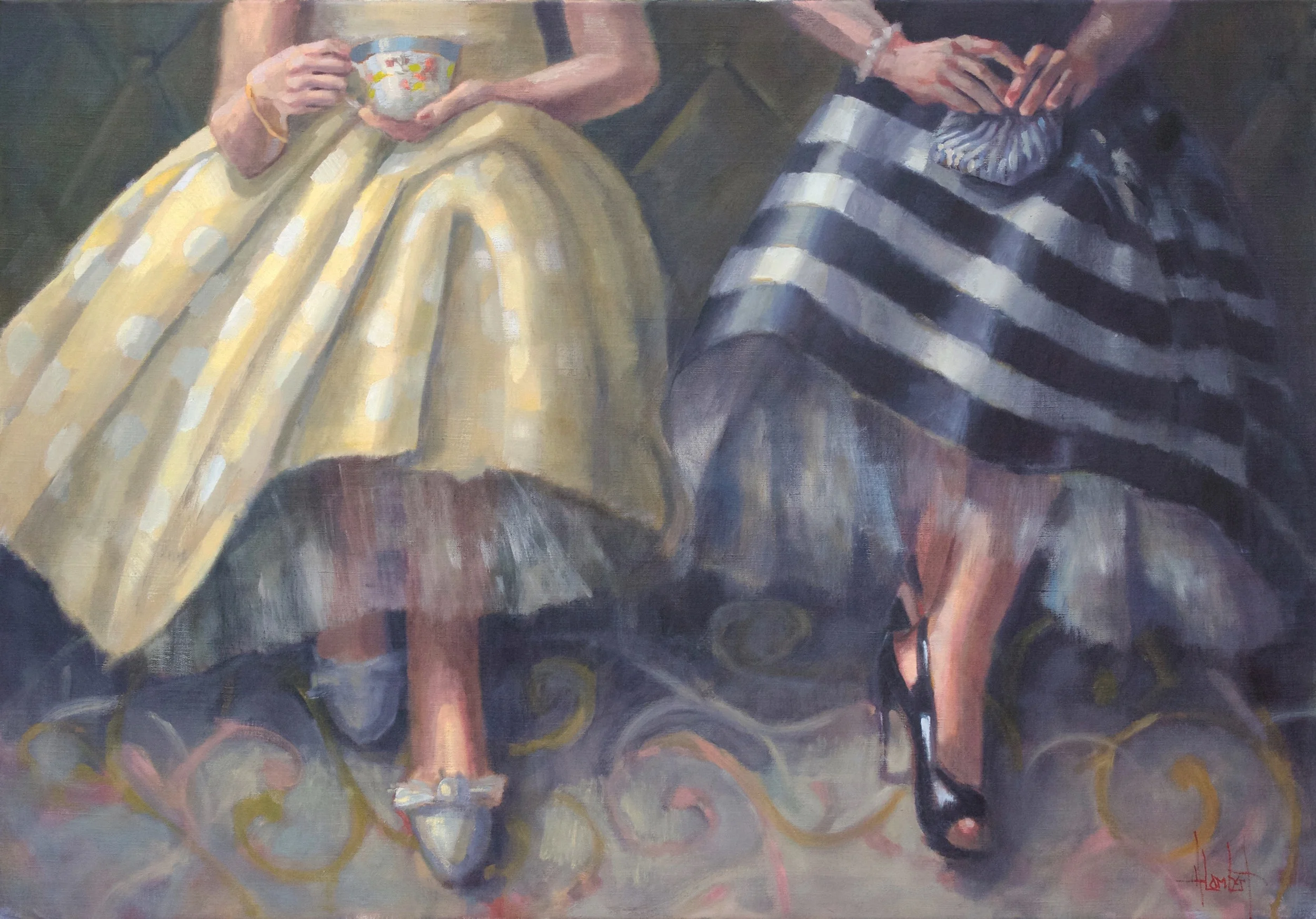 I have painted these dress three times with different colors. What started out as a commission, ended up being a piece that I felt I needed to painted the way I thought it would look the best. As a graphic designer, I am used to complying with clients’ wishes, and really enjoy that process. After starting it though, I needed to follow my gut and go with it. Glad I did - and will work on another for my client. :-) Available 30x43, framed in gold $5800