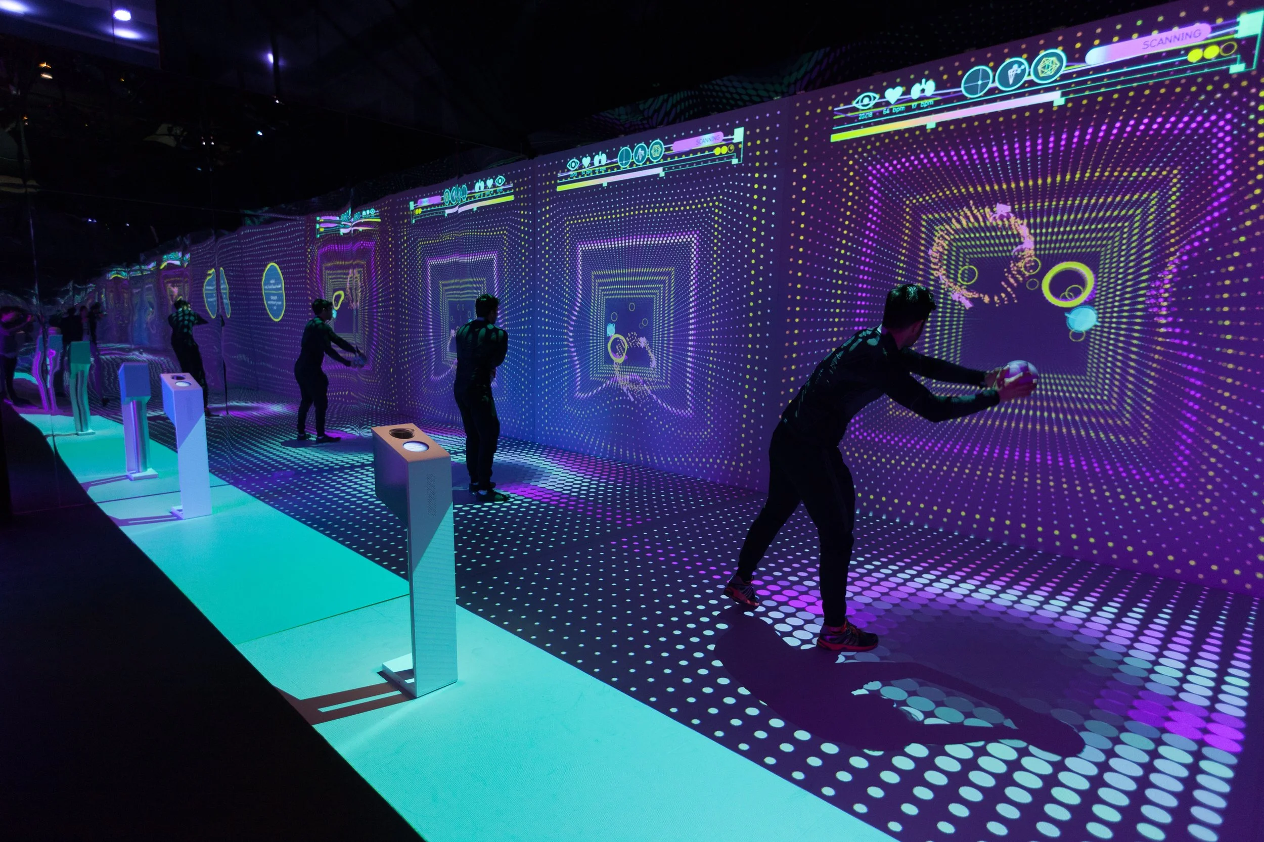 Visitors played a physically challenging game in an immersive 3D environment with multiple projection surfaces.