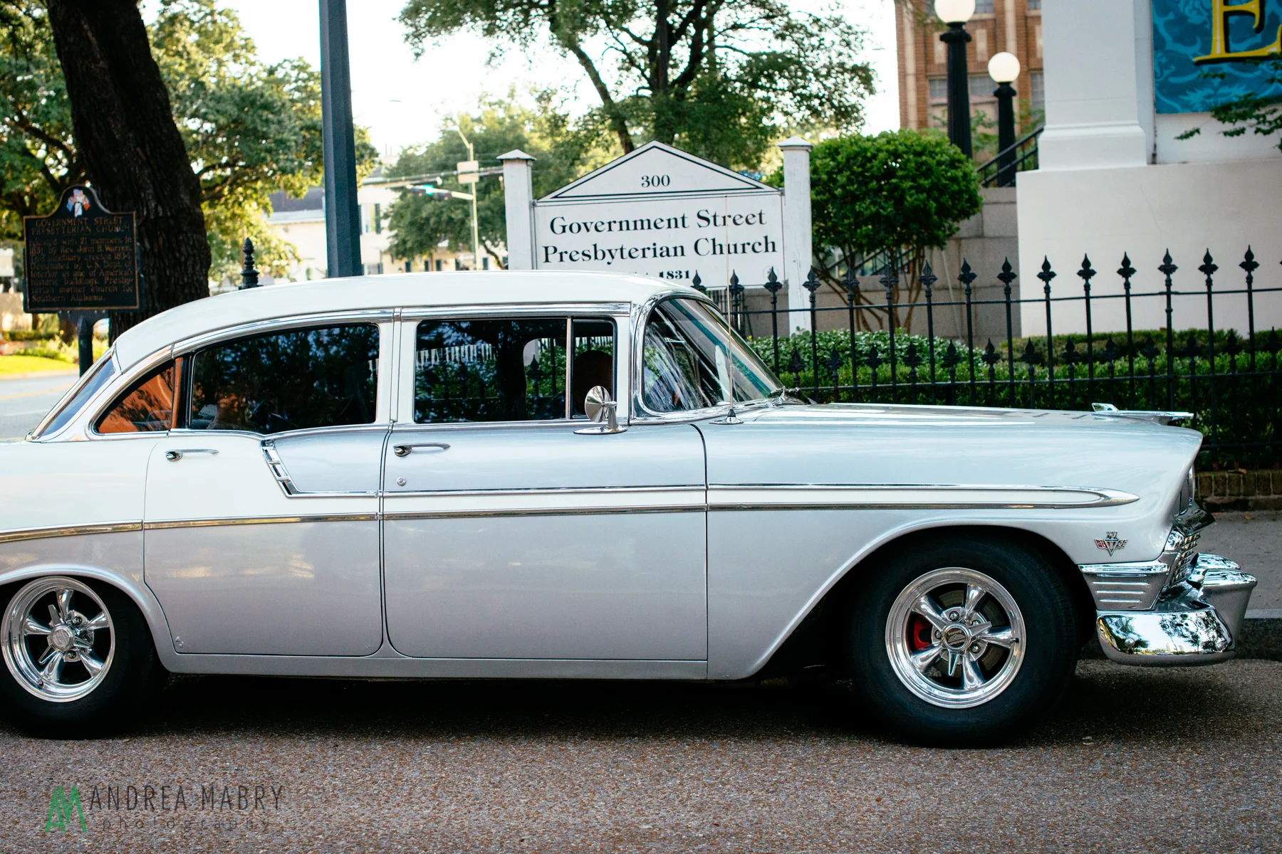 Chevrolet Bel Air. Government Street Presbyterian Church Mobile Wedding. Andrea Mabry Photography.