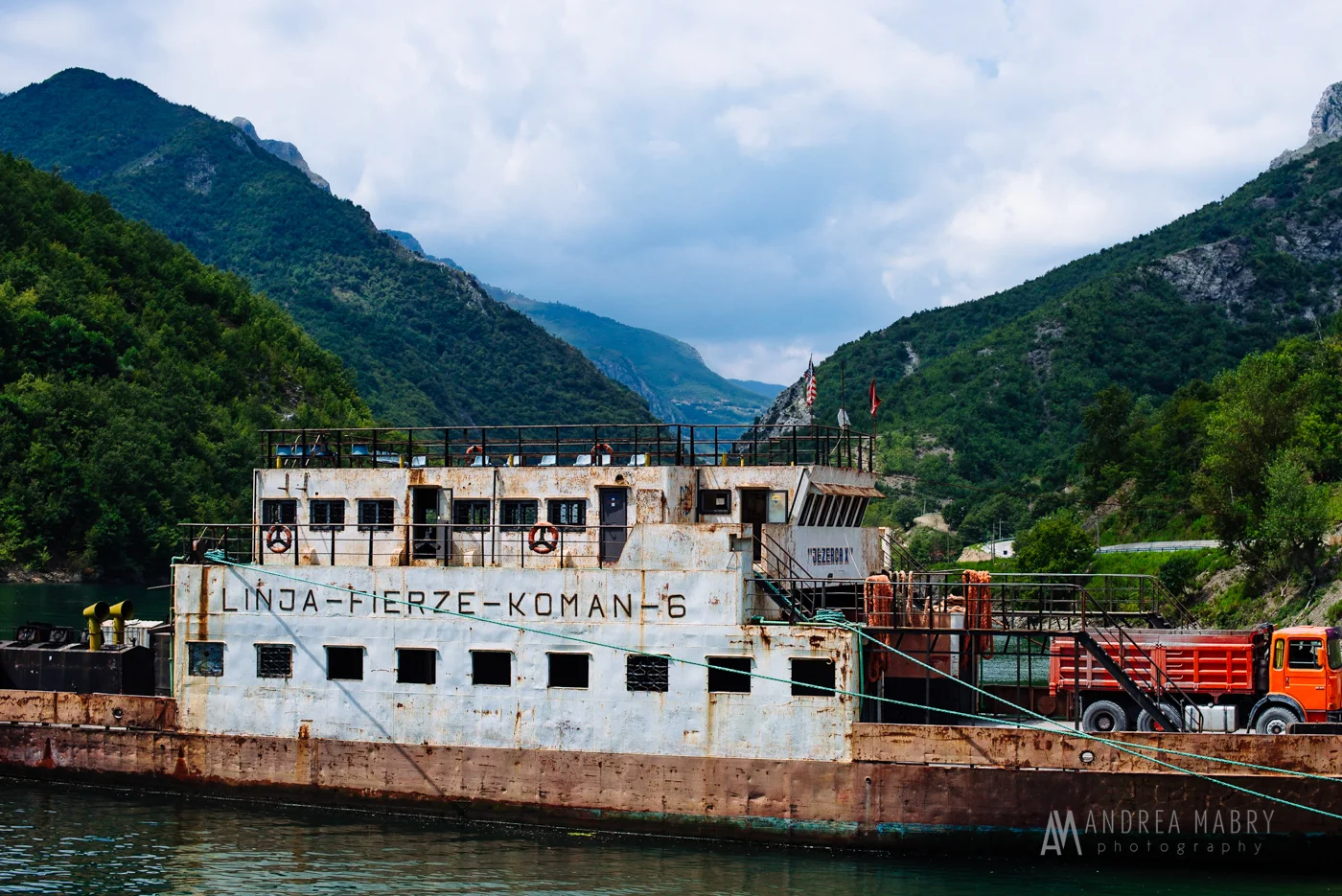 The old ferry, denoting its stops: Linja, Fierze, Koman.