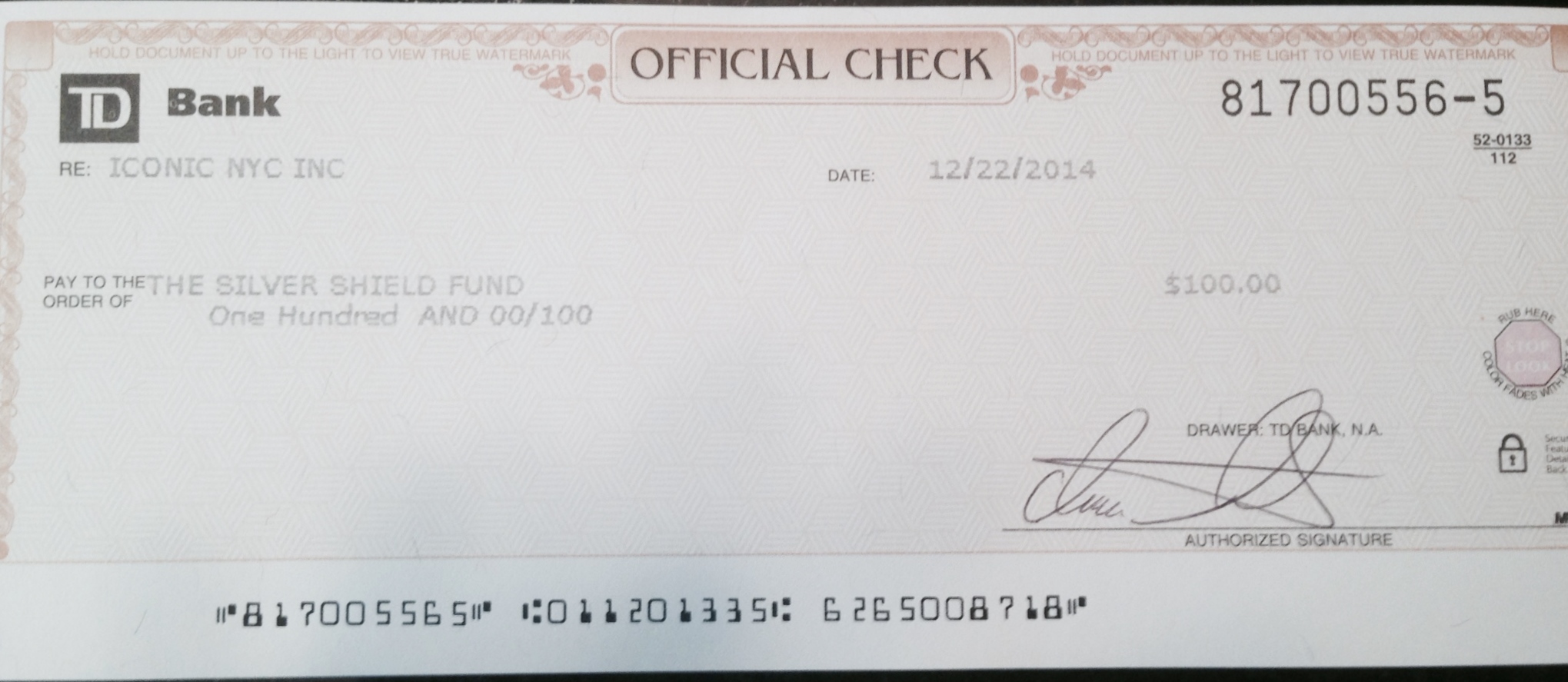 IconicNYC's donation to the Silver Shield Foundation. Small in $ size but represents 50% of our bank balance.