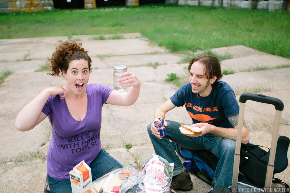  She also came prepared with a mason jar filled with a mysterious liquid resembling water...and Justin&nbsp;with some Dale's also holding a delish turkey sandwich. 