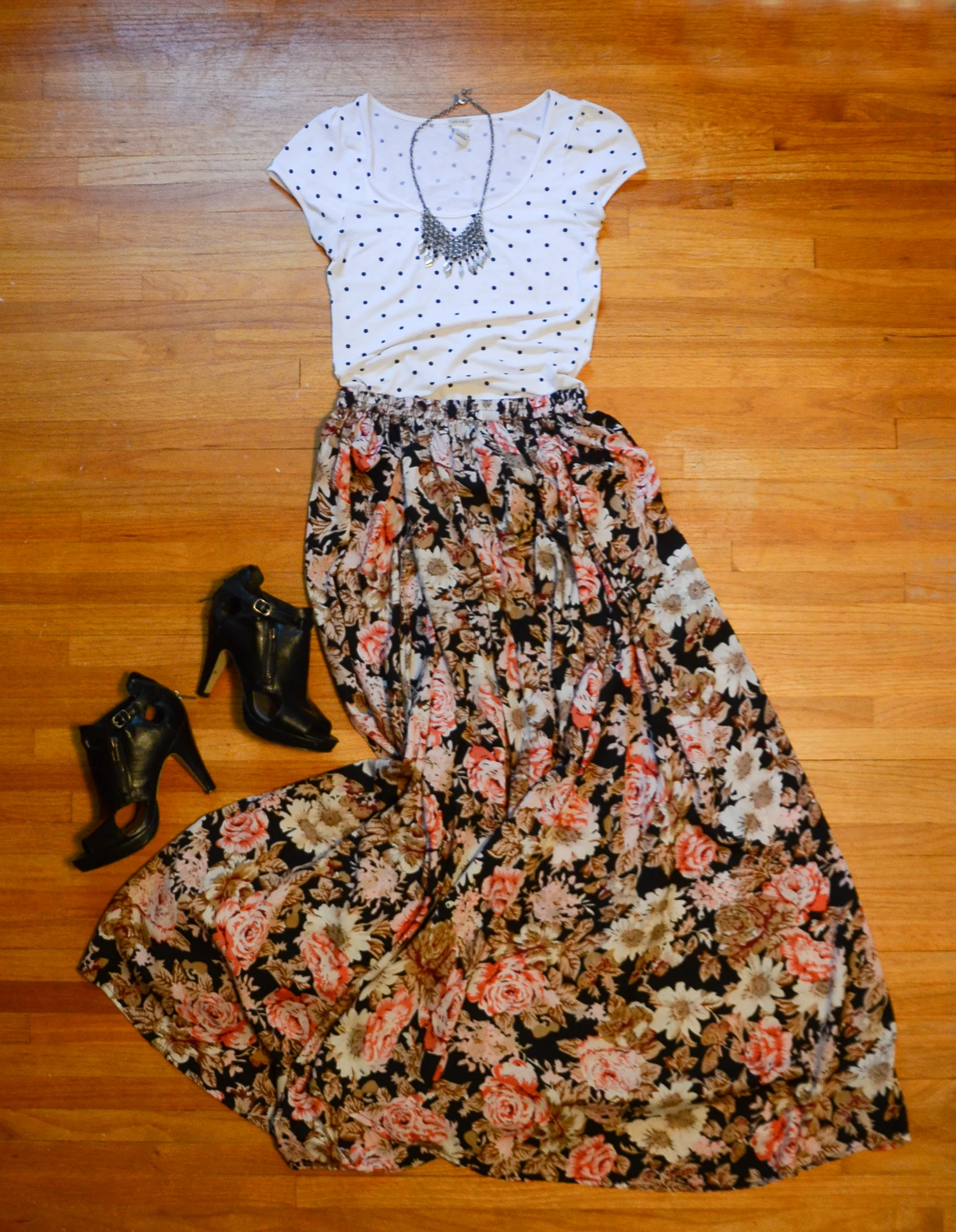 Polka dots and floral together are a little girly for me, but I just love how the focus is on the skirt, so you can essentially do whatever you want on top!