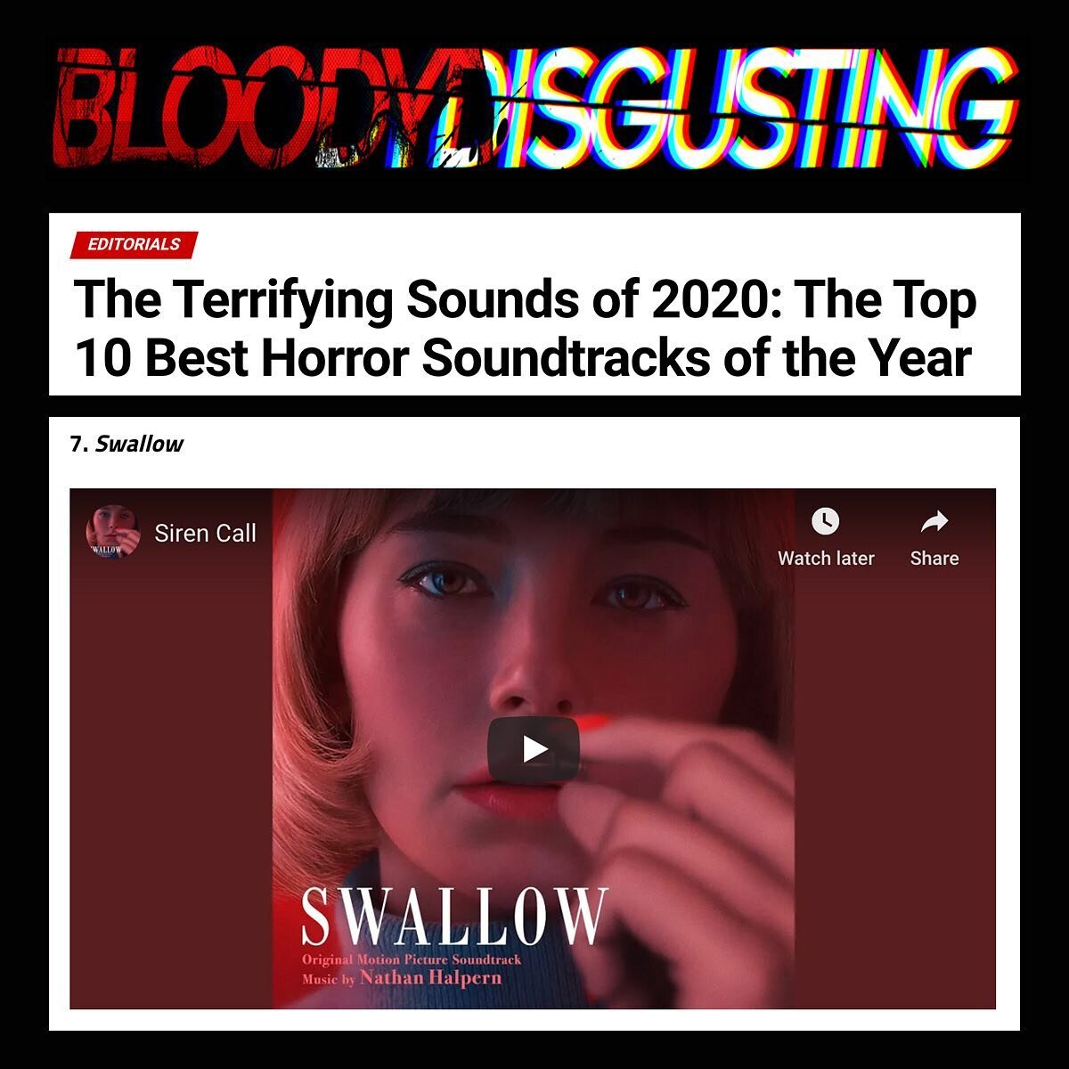 @swallow score featured on &ldquo;Top 10 Best Horror Soundtracks Of the Year&rdquo; via @bdisgusting @carlomirabelladavis 
@halolorraine, @katearizmendi, @mollye_asher, @mynettelouie, @hernamewasmagill, @lienedobraja, @kai_stamps, @joemurphyjoe, @nat