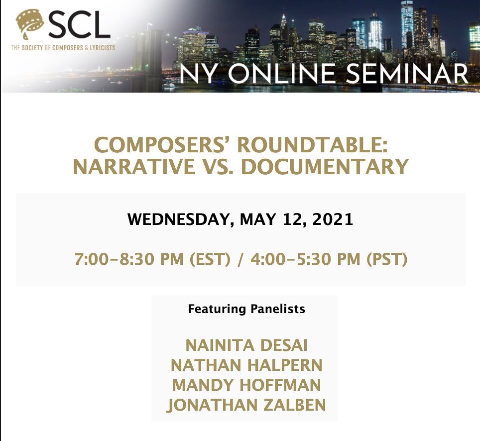 Excited to chat w/ fantastic composers @nainita_desai , @mandyhoffmanmusic , and @firstframemusic at this @_the_scl @scl_ny composers&rsquo; roundtable discussion on the art and craft of scoring for narrative and documentary films. Free for all SCL m