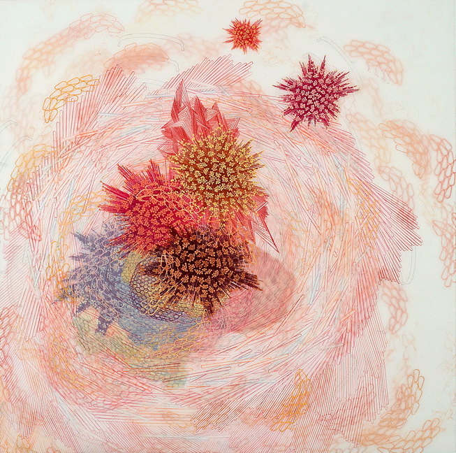 Fistulation , ink, graphite, and acrylic paint on drafting film, 38"x38", 2009