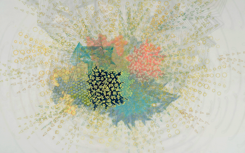 Intersmash , ink, graphite, and acrylic paint on drafting film, 25.5 x 36", 2008
