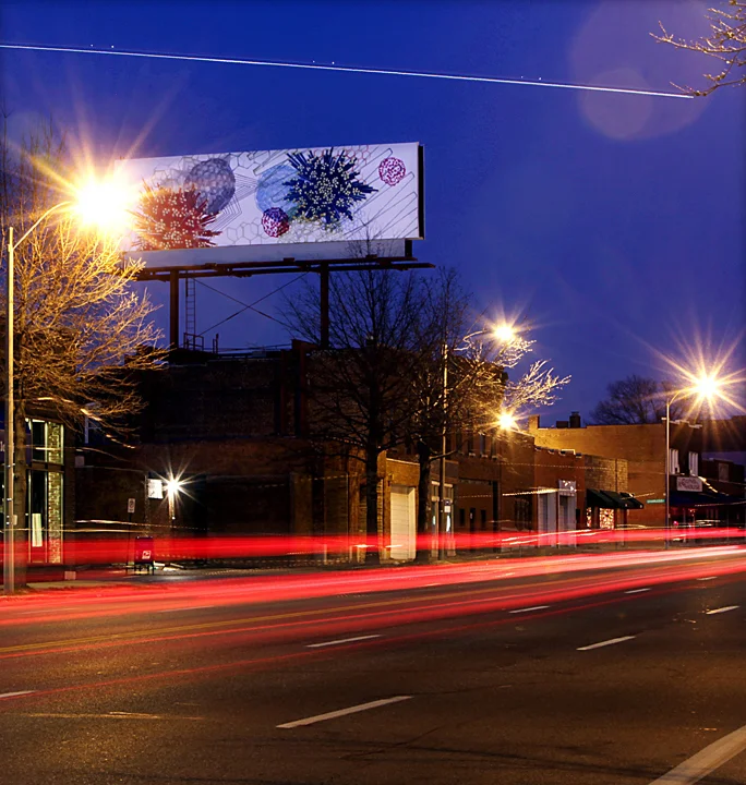 Amanda Hughen, Binary Convergence , 14 x 48 feet, billboard, St. Louis, MO, 2010. Photo 2010 © John White, St. Louis Post-Dispatch.