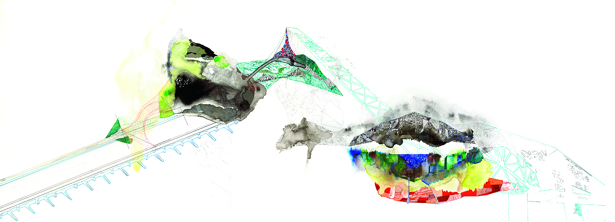 Hughen/Starkweather, Original Bridge (from the Bay Bridge Project), 30h x 80w inches, ink, pencil and gouache on paper, 2011