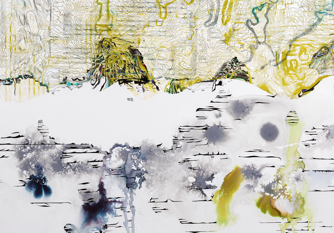 DETAIL of Hughen/Starkweather, Ocean Beach (Dean Rader) , 34x30”, ink, pencil, and gouache on paper, 2015