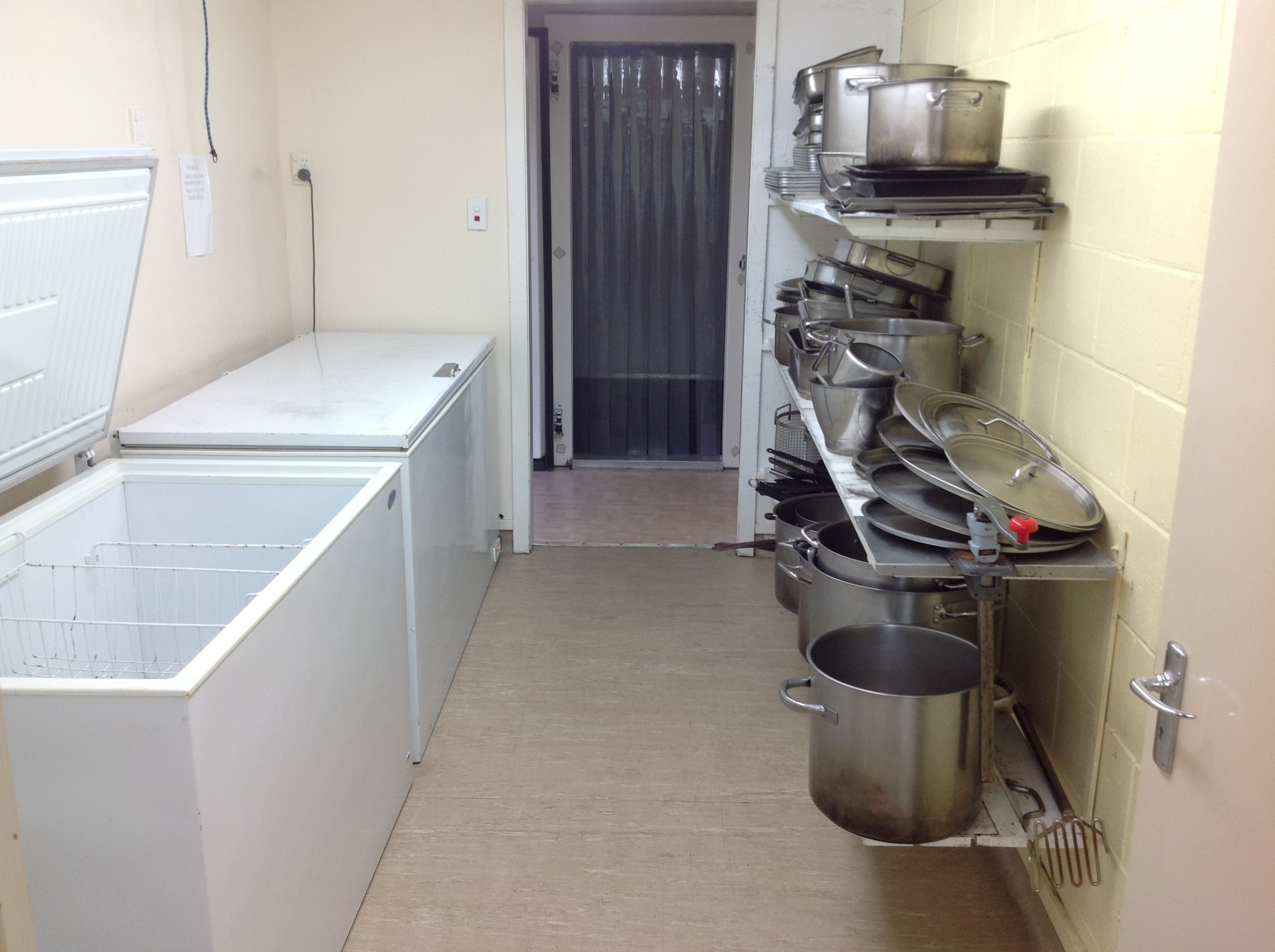   2 fridges, 2 freezers and a walk in chiller. Pots, pans and trays all supplied.  
