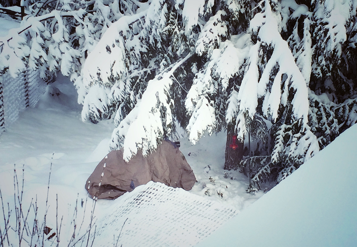 My makeshift blind formed by throwing a tent fly over a chair and my tripod. After it snowed for awhile, I blended in pretty well!