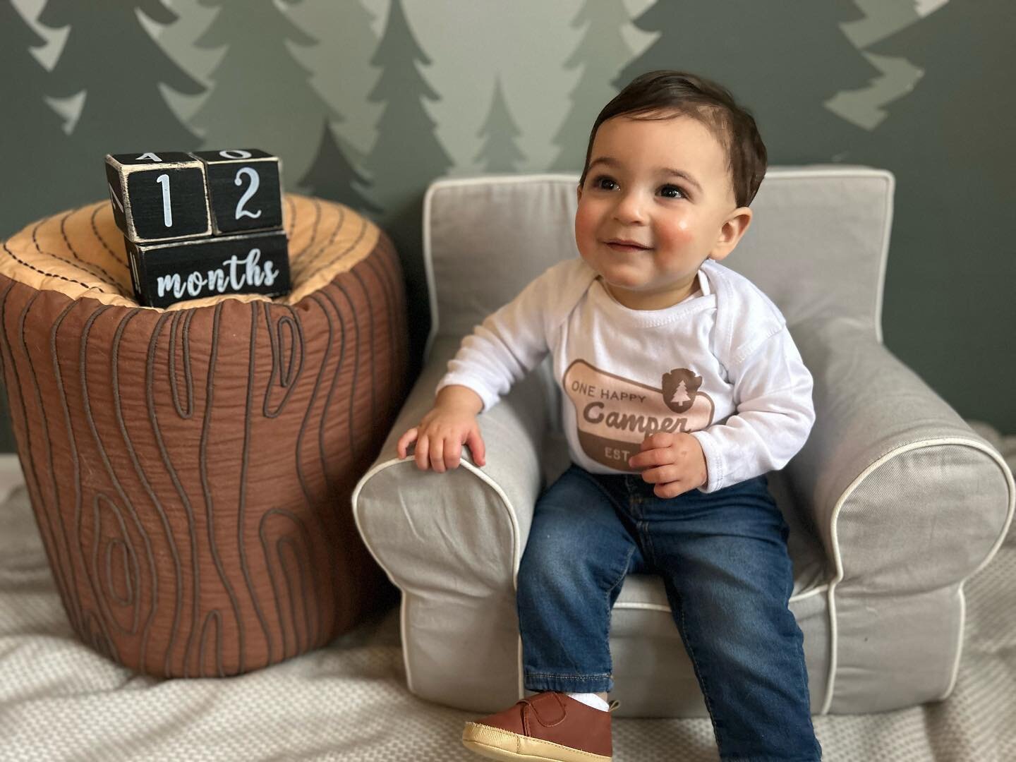 We have no idea where a year went, but we are so #thankful to have #onehappycamper of a kid. #twelvemonthsold #12monthsold #oneyearold #credicrew | Top: @pixelateduniverseshop | Chair: @potterybarnkids | Mural: @pearlcompany | Log stool: @crateandkid