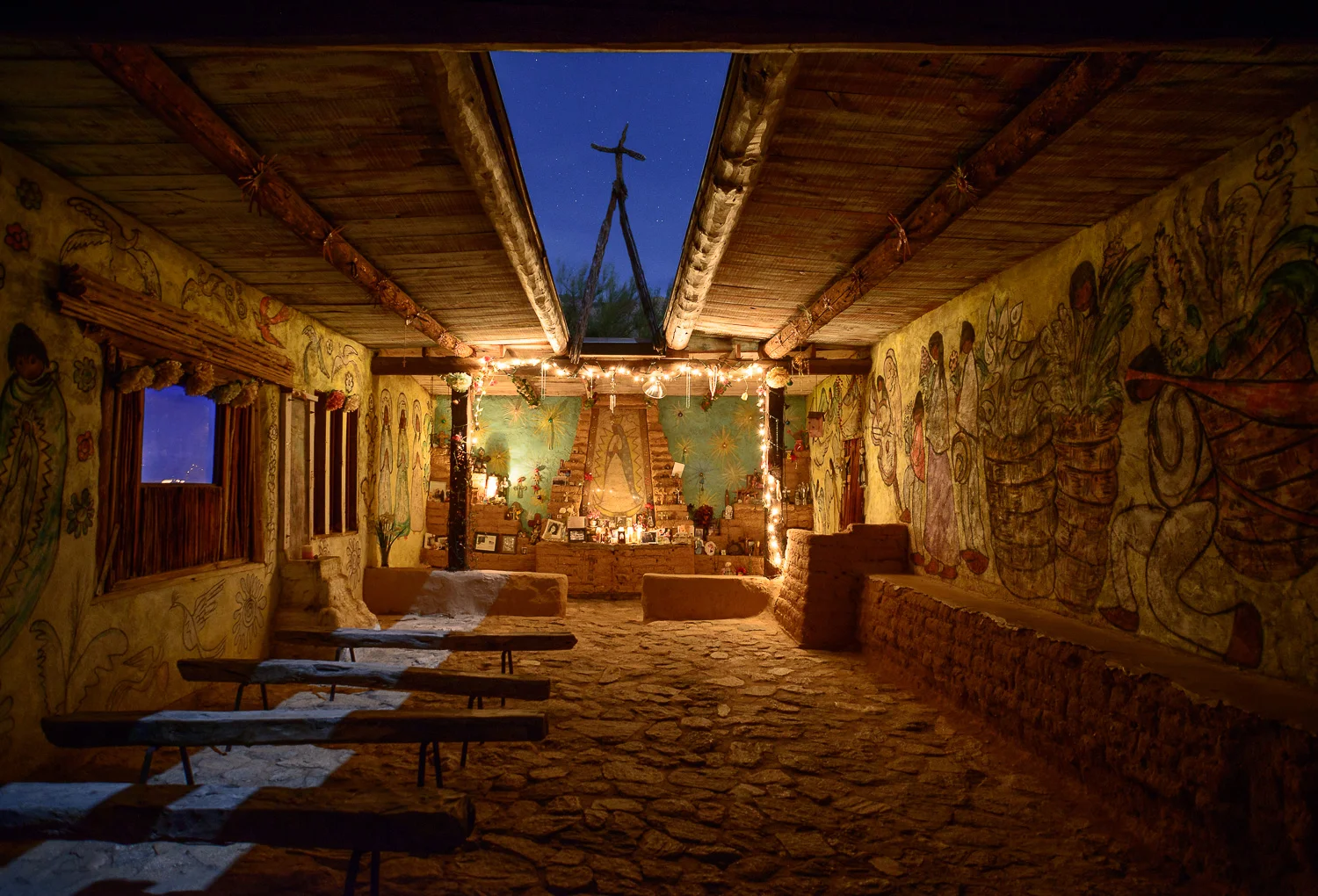 DeGrazia’s Mission in the Sun. 2015. Heavily damaged by fire on 5/29/17. “The little mission was built in honor of Our Lady of Guadalupe. The roof is open to the sky, as it should be. You can’t close up God in a stuffy room!” – DeGrazia