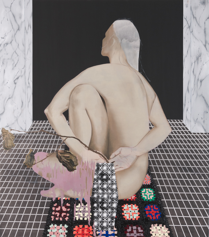 Pause to Give Thanks That We Rise Again from Death and Live , 2014, oil, Flashe, spray paint, charcoal, and pencil on canvas, 35 ½ x 32,“ Collection of Arlene Schnitzer, Portland, OR