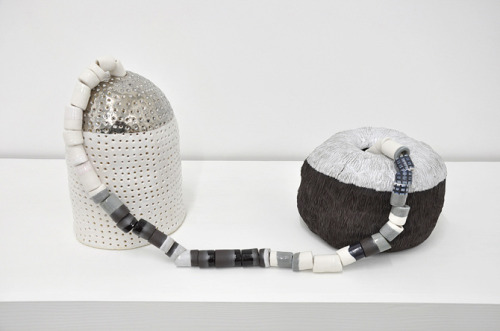 Emily Counts, Transponders , 2015, stoneware, porcelain, platinum luster, cotton rope, 11 x 25.5 x 9” ($1200)