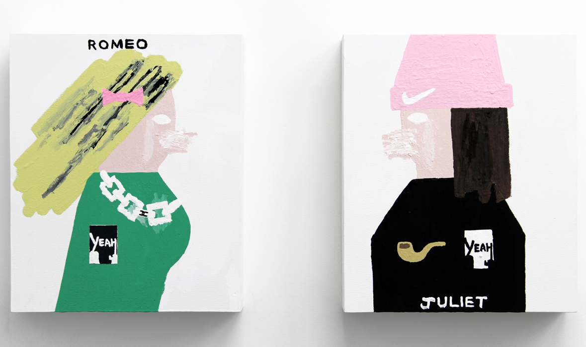 Romeo, 2015, acrylic on wood, 16.75 x 14” &amp; Juliet, 2015, acrylic on wood, 16.75 x 14” (right)