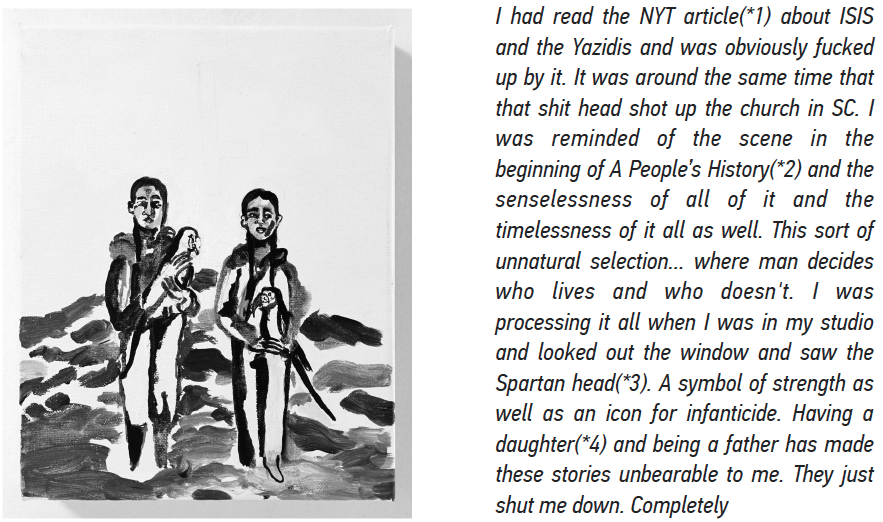 One of Ennis's three new paintings for the Bothy, LA, and his notes about the series.