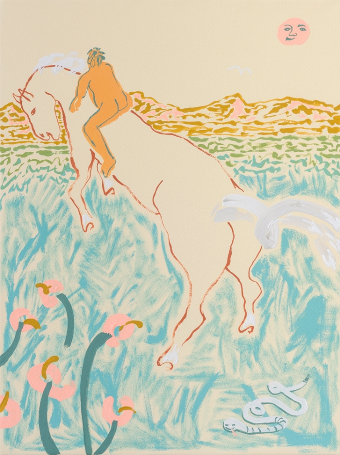 Annie McLaughlin, Bareback Meanderer (A Lonely Teenage Broncin' Buck) , 2016, gouache on paper, 24 x 18”