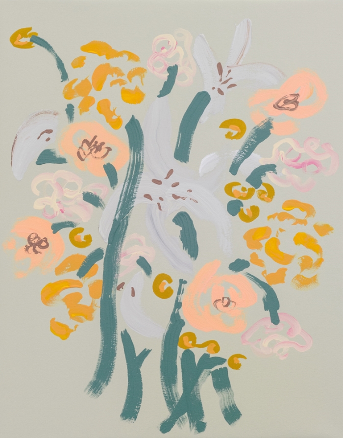 Annie McLaughlin, Carnations, Marigolds, Lilies, Peonies , 2016, gouache on paper, 14 x 11”