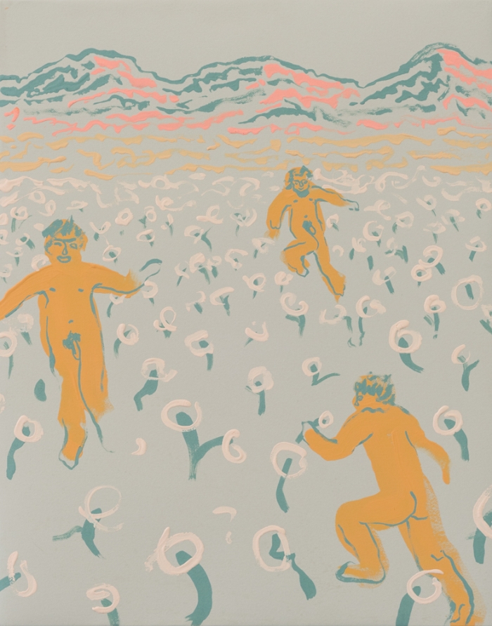 Annie McLaughlin, Poppy Field Kickback (Eastern Sierra Nudies) , 2016, gouache on paper, 14 x 11”