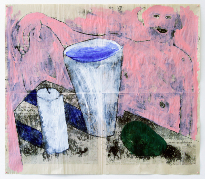 Untitled (Pink Man with Avocado Offering) , 2016, monotype and acrylic on newsprint, 22.5 x 26"