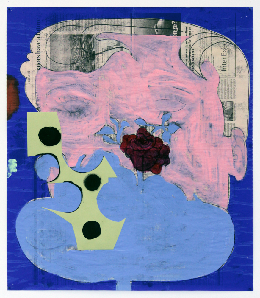Tabletop Offering, 2016, monotype, silkscreen, and acrylic on newsprint, 26 x 22.5”