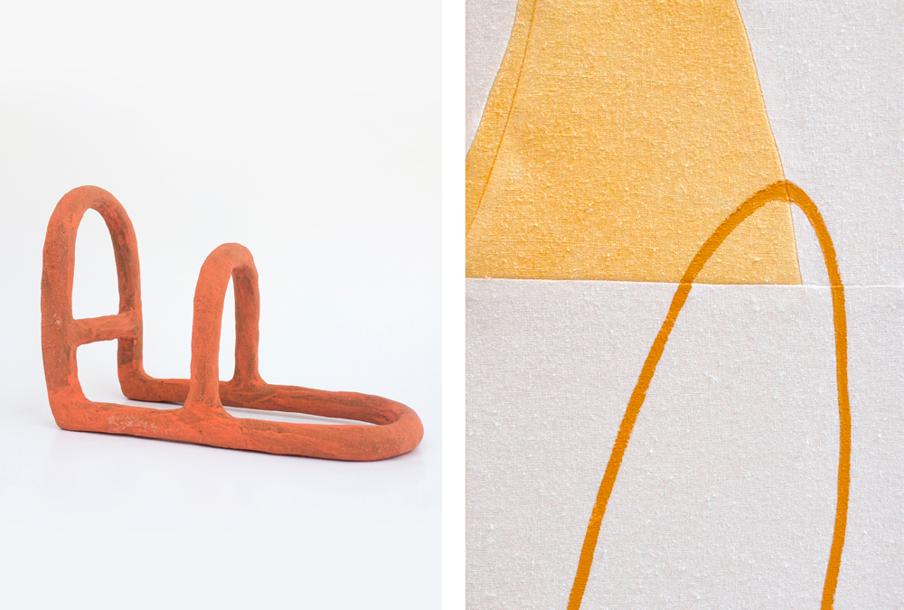 Left: Amanda Leigh Evans, Bridle , 2016, terra cotta and underglaze, 5 x 3 x 7” Right: Anastasia Greer, Yelly Delly (detail), 2016, acrylic paint on dyed raw silk, 10 x 8”