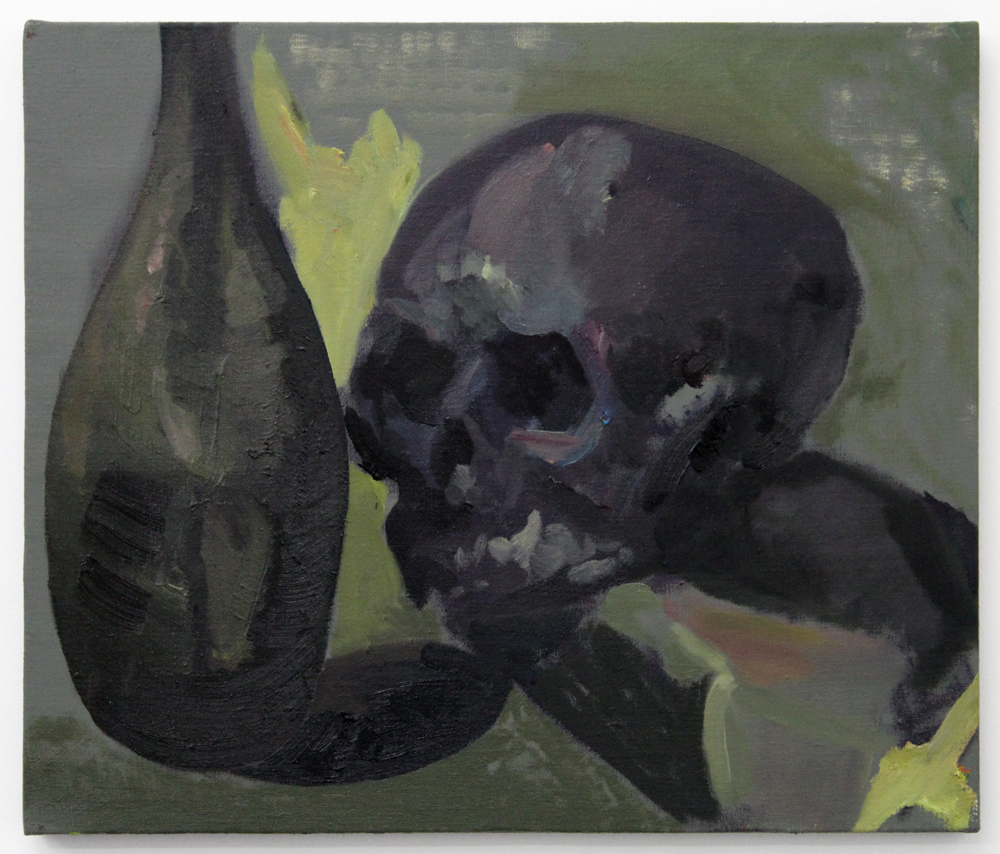 Jaik Faulk, Dark Skull and Bottle , 2016, oil on linen stretched over panel, 18.25 x 21.5" 
