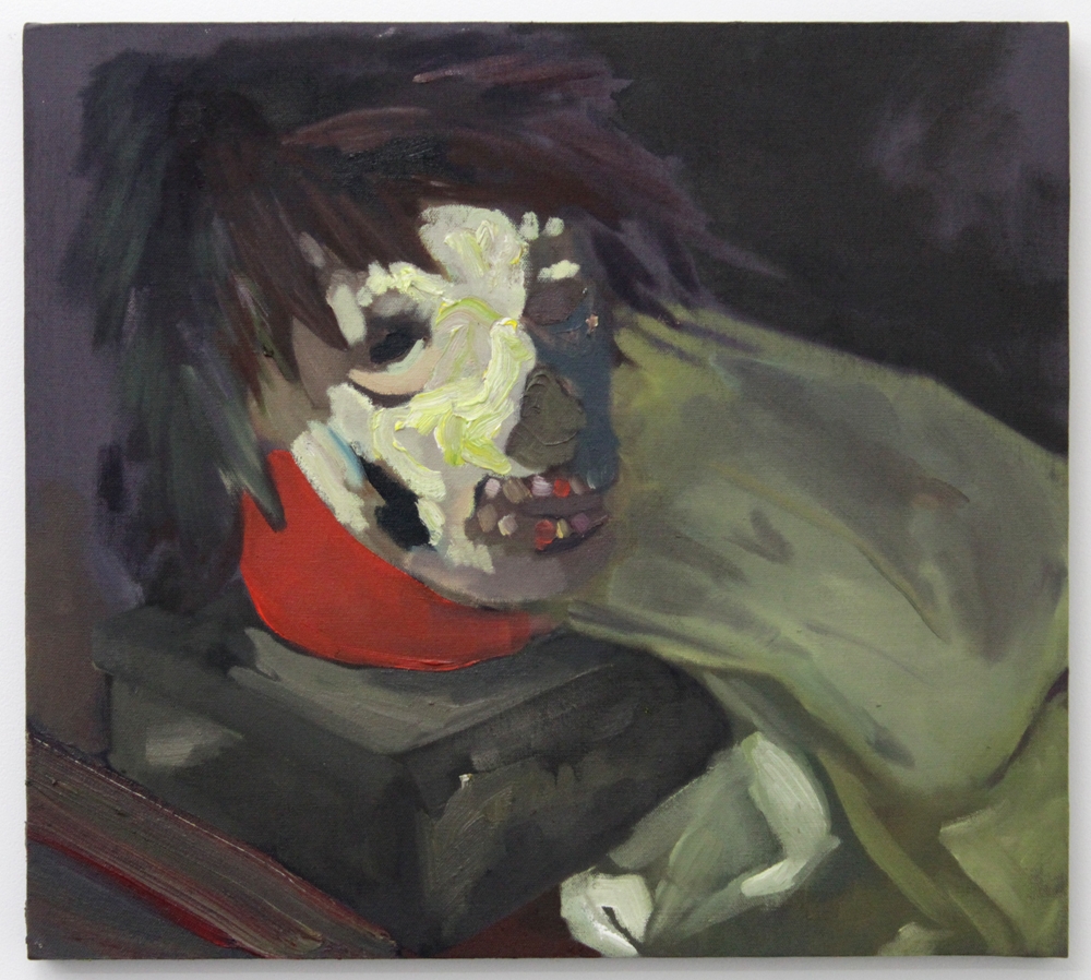 Mask with Punk Wig , 2016, oil on canvas stretched over panel, 18 x 20"