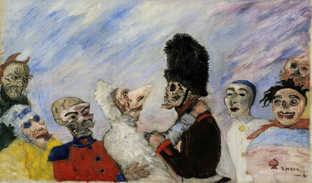 James Ensor , Squelette arrêtant masques , 1891, oil on canvas 