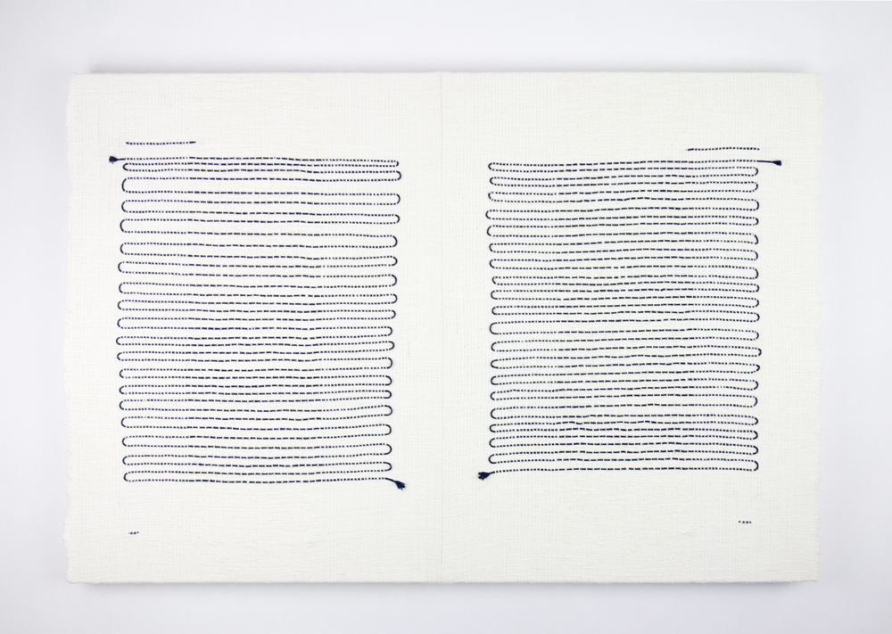 Francesca Capone, unsaid, unsung, unstrung (THKC), 2016, cotton and reflective thread on wood, 24 x 36"