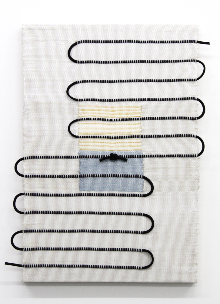 Francesca Capone, There's a knot where I was picked pure (KM), 2017, cotton, metallic thread, reflective thread, and polyester rope on wood, 36 x 24"