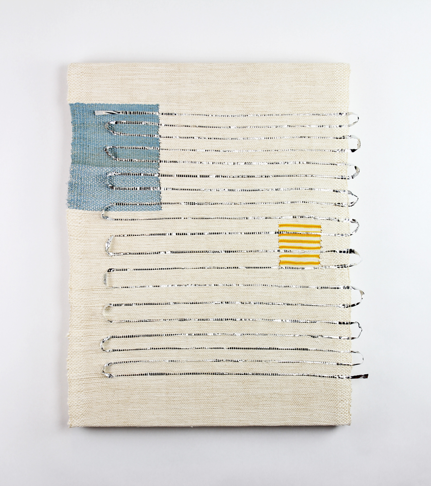Francesca Capone, I'm trying to tell you something about how rearranging words rearranges the universe (MH), 2016, cotton, reflective thread, and Mylar on wood, 24 x 18"