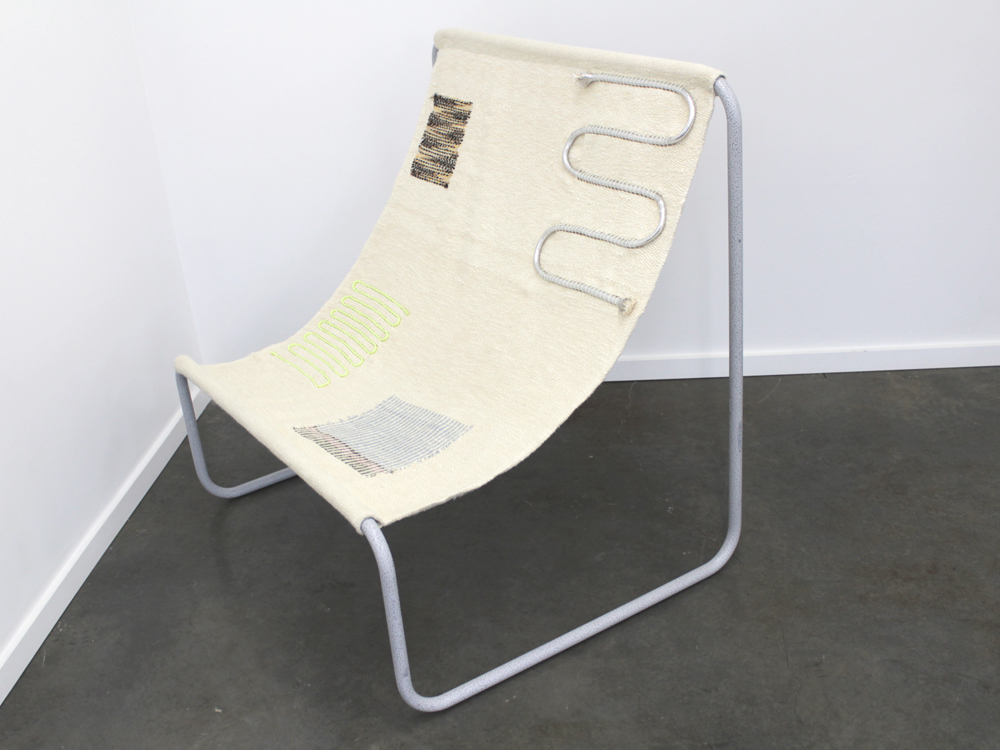 Francesca Capone + LikeMindedObjects, I don't know how people have enough time, I feel like I am falling through mine (ML), 2016, cotton, glow in the dark cord, reflective thread, and metallic cord on bent steel, 41 x 41 x 32"