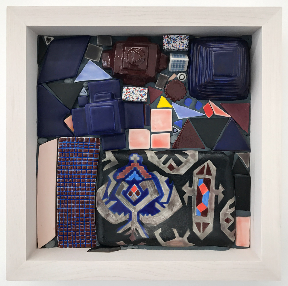 Emily Counts, The Floor and Ceiling , 2017, porcelain, stoneware, glass, maple wood, and mortar,10.5 x 10.5 x 2.5"