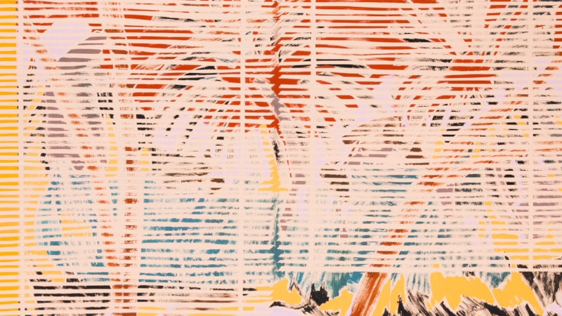 50% Visibility, 100% Shangri-La (detail), 2017, acrylic, gouache, and Flashe on panel, 30 x 40"