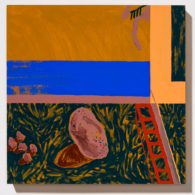The Brief Moment in the Long Life of a Rock When It Lived in a Garden Belonging to Someone , 2017, acrylic, gouache, and Flashe on panel, 14 x 14"
