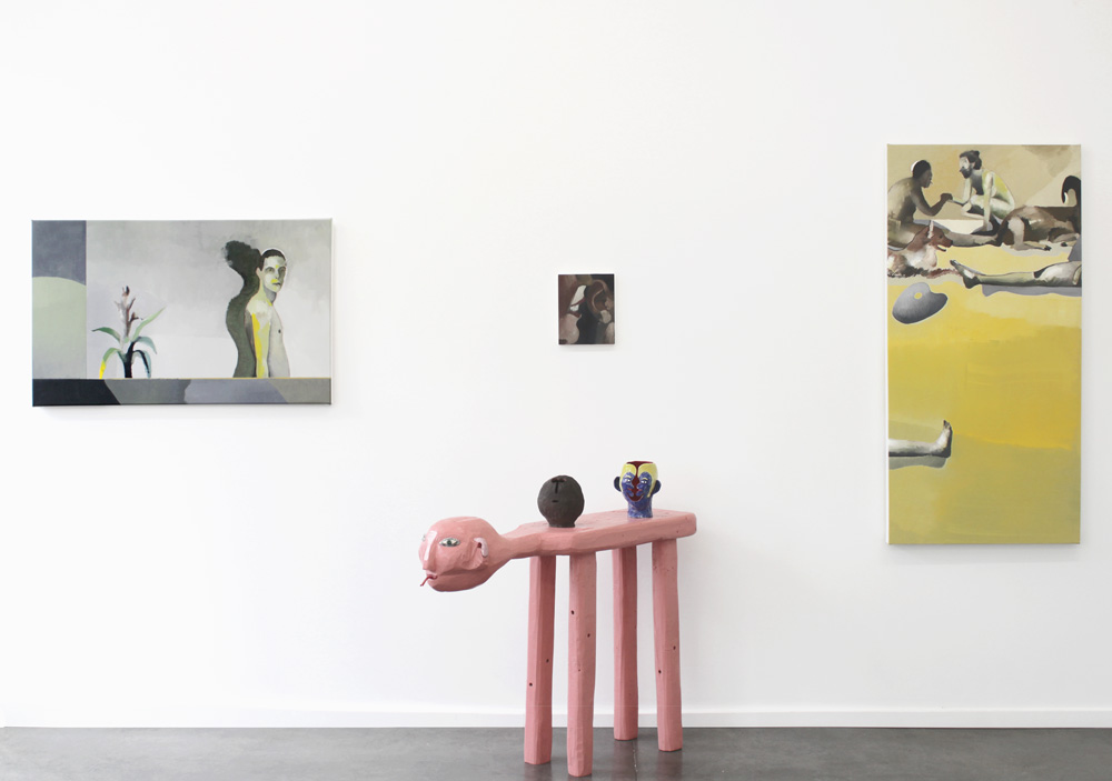 Installation view of Humanoid Table in Animal Laughter. Paintings by William Matheson.