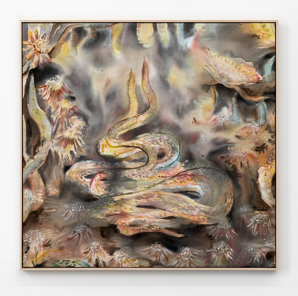 Cocoon Dance , 2019, acrylic ink and paint on satin, 27 x 28 inches