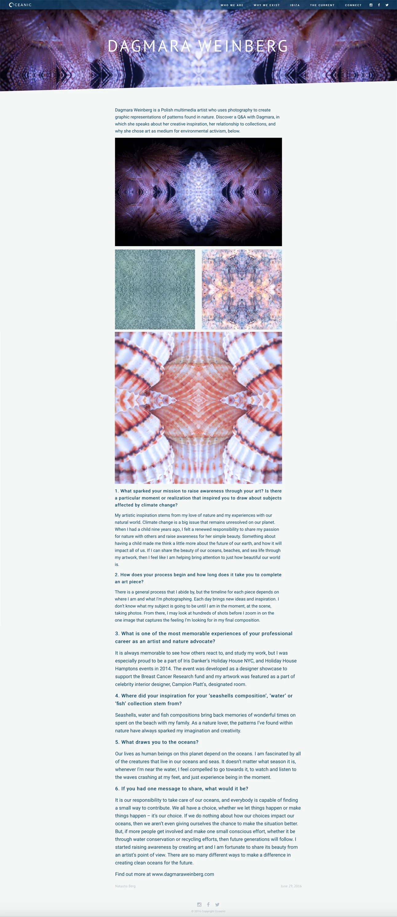 So honored to be included as an environmental activist for this wonderful project of Oceanic, an experience-based platform at the intersection of art, media, and technology that raises vital awareness around the destructive impact of plastic and seafood consumption on our Oceans. http://oceanic.global