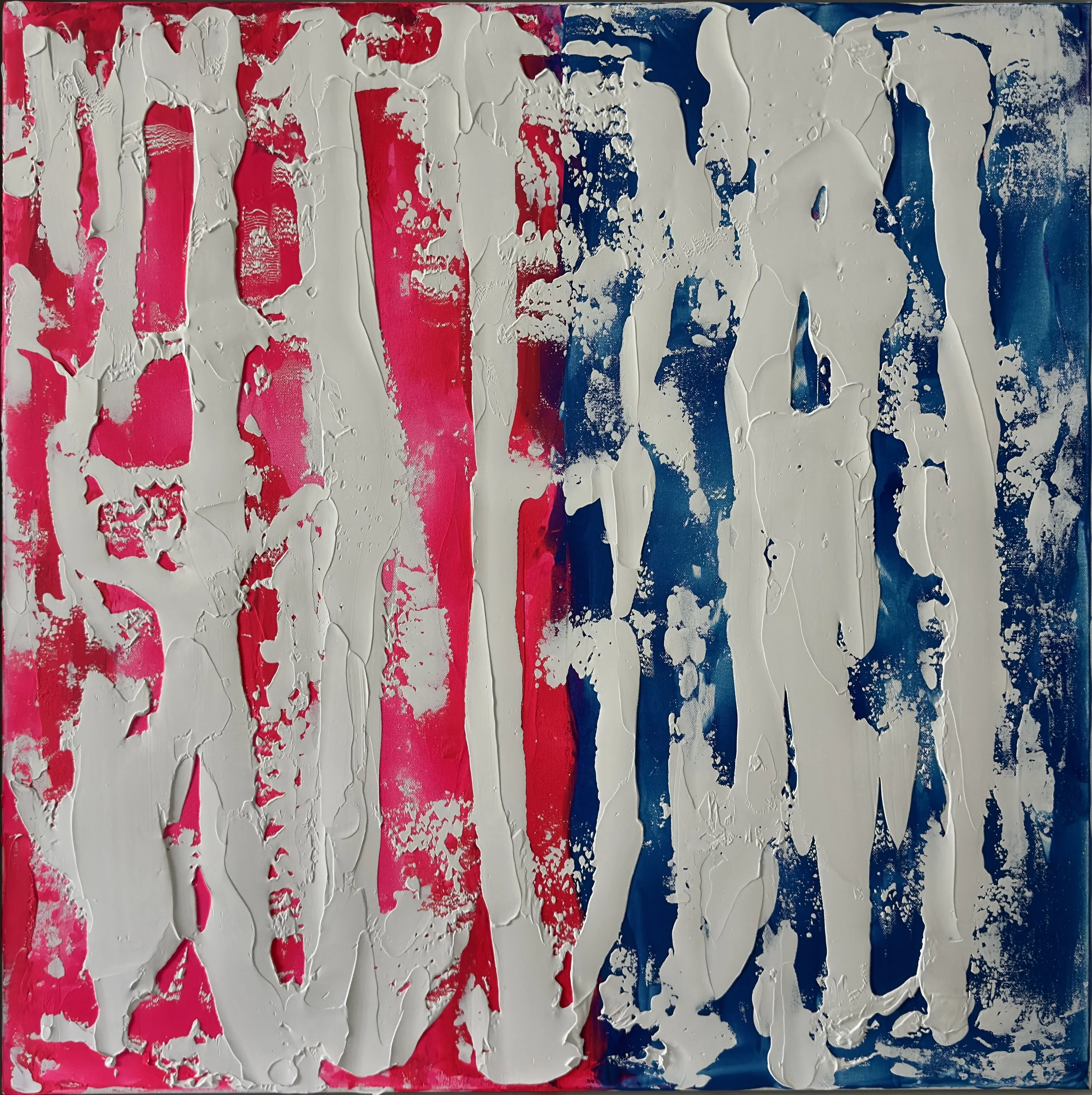   “Conﬂuence”  – This painting can be seen as a metaphor for two people and the relationship that binds them. The vibrant red on the left suggests one person–full of passion, warmth, and intensity–while the deep blue on the right represents the other